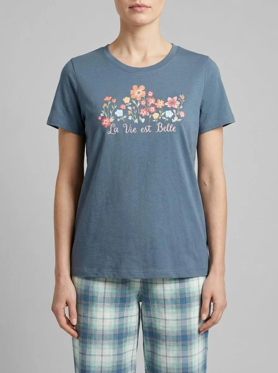 La Vie en Rose China Blue Women Floral Print Cotton Crew Neck T-shirt SKU: 40100836_40126 Image 00