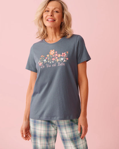 La Vie en Rose China Blue Women Floral Print Cotton Crew Neck T-shirt SKU: 40100836_40126 Image 01