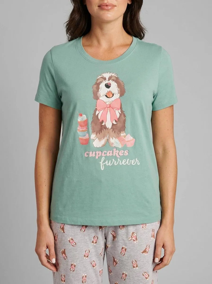 La Vie en Rose Aquifer Women Dog &amp; Cupcake Print Cotton Crew Neck T-shirt SKU: 40100836_40200 Image 00