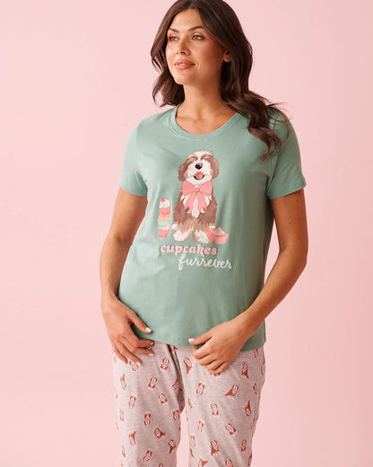 La Vie en Rose Aquifer Women Dog &amp; Cupcake Print Cotton Crew Neck T-shirt SKU: 40100836_40200 Image 01