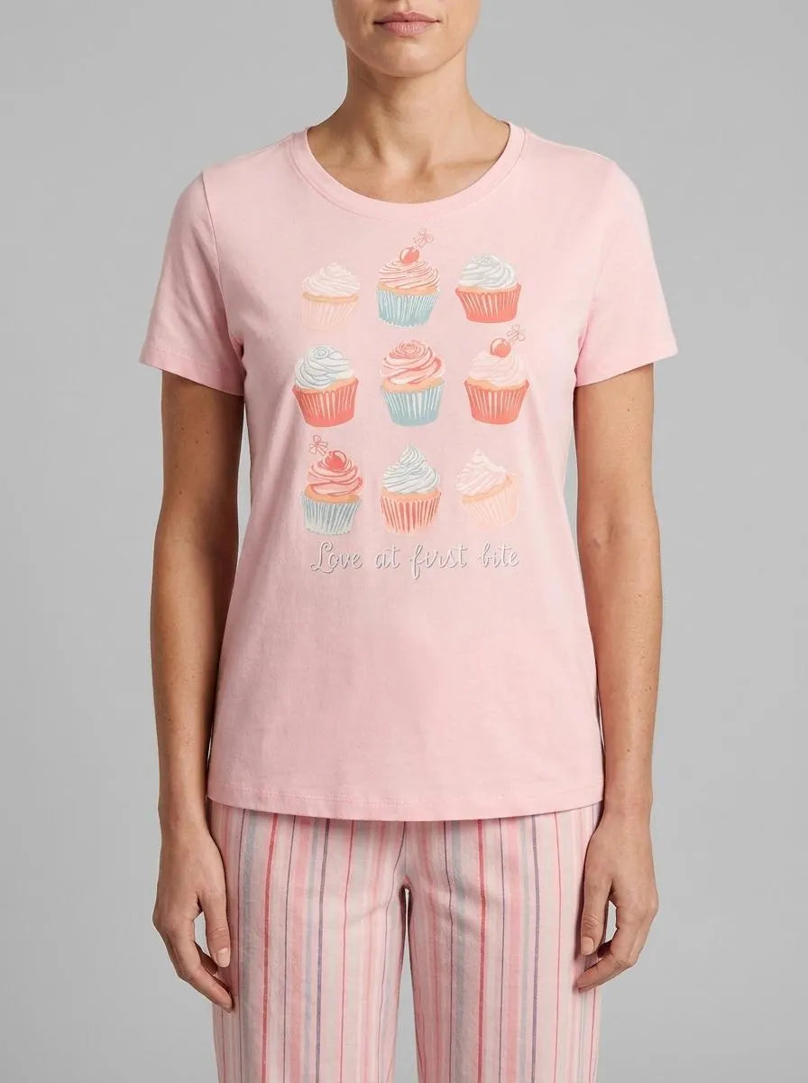 La Vie en Rose Crystal Rose Women Cupcake Print Cotton Crew Neck T-shirt SKU: 40100836_60108 Image 00