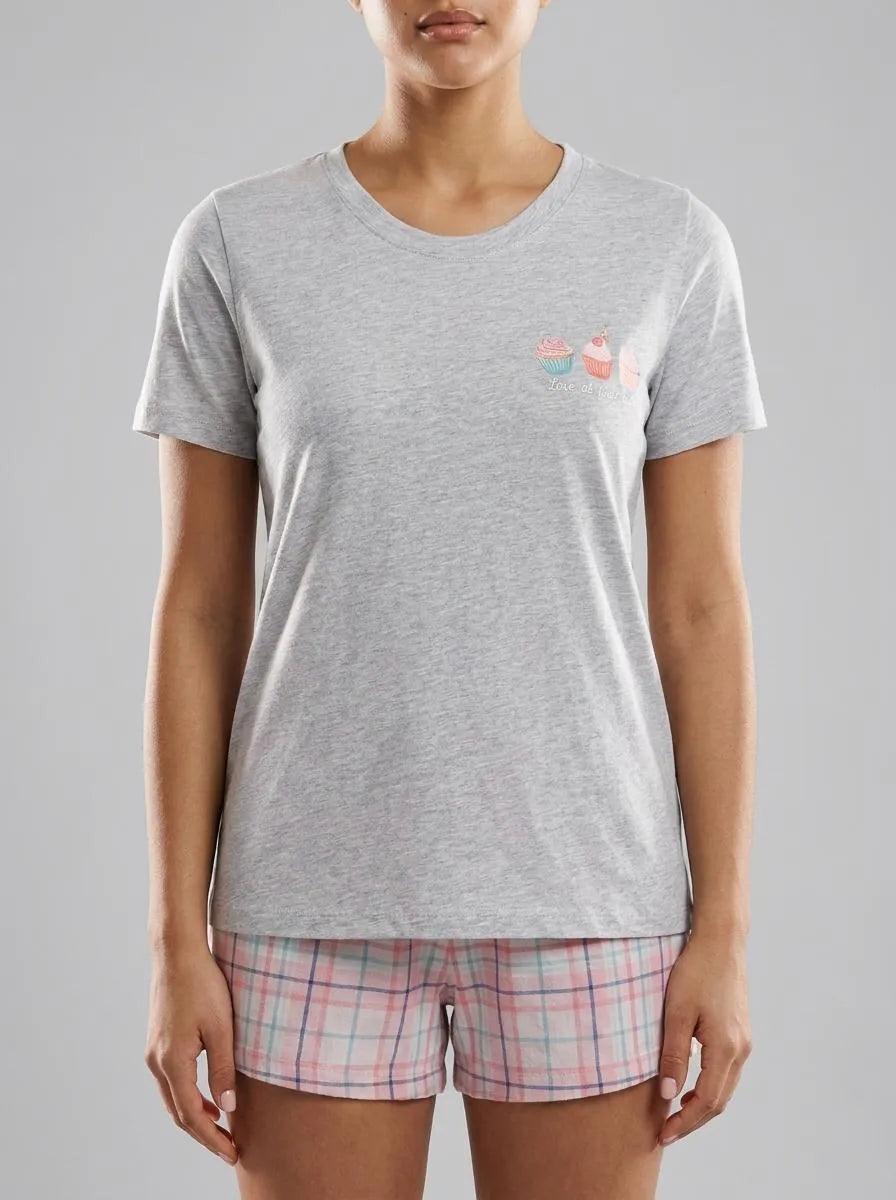 La Vie en Rose Comfy Grey Mix Screen 2 Women Cupcake Print Cotton Crew Neck T-shirt SKU: 40100836_P00408 Image 00