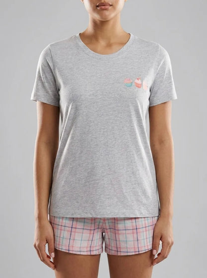 La Vie en Rose Comfy Grey Mix Screen 2 Women Cupcake Print Cotton Crew Neck T-shirt SKU: 40100836_P00408 Image 00