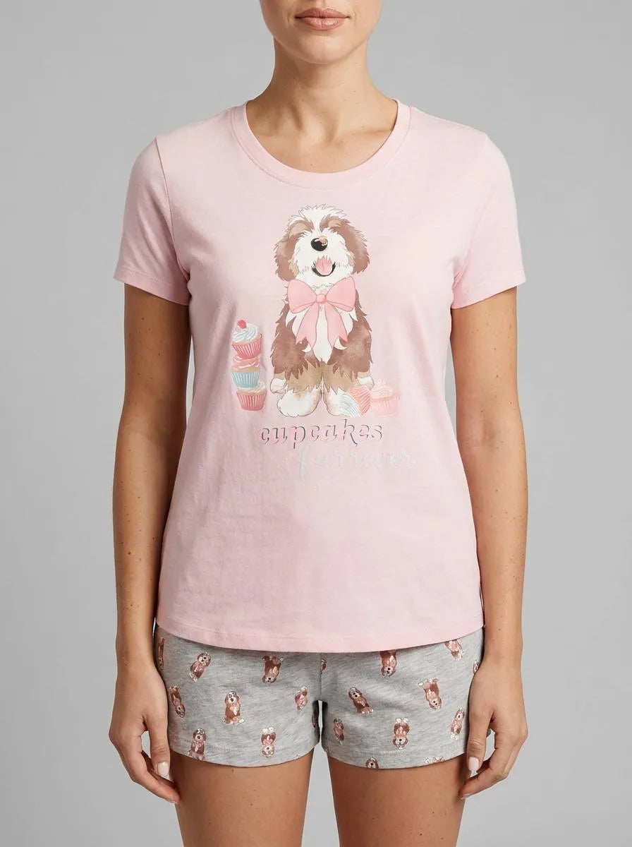 La Vie en Rose Crystal Rose Screen 3 Women Dog &amp; Cupcake Print Cotton Crew Neck T-shirt SKU: 40100836_P60458 Image 00