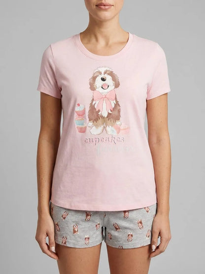 La Vie en Rose Crystal Rose Screen 3 Women Dog &amp; Cupcake Print Cotton Crew Neck T-shirt SKU: 40100836_P60458 Image 00