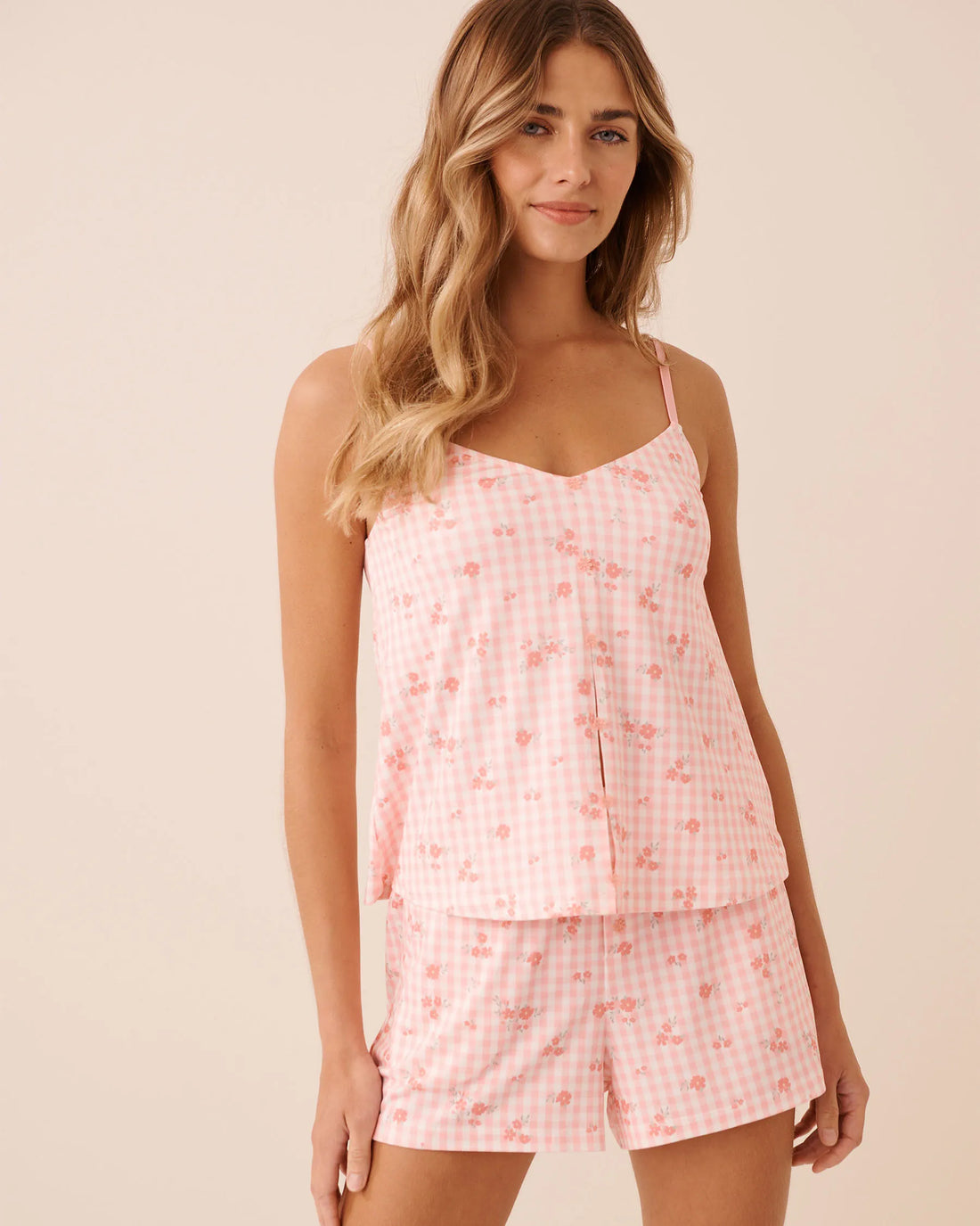 La Vie en Rose Pink Icing Gingham Floral Women Floral Gingham Print Super Soft Cami with Shelf Br SKU: 40100837_P60468 Image 01