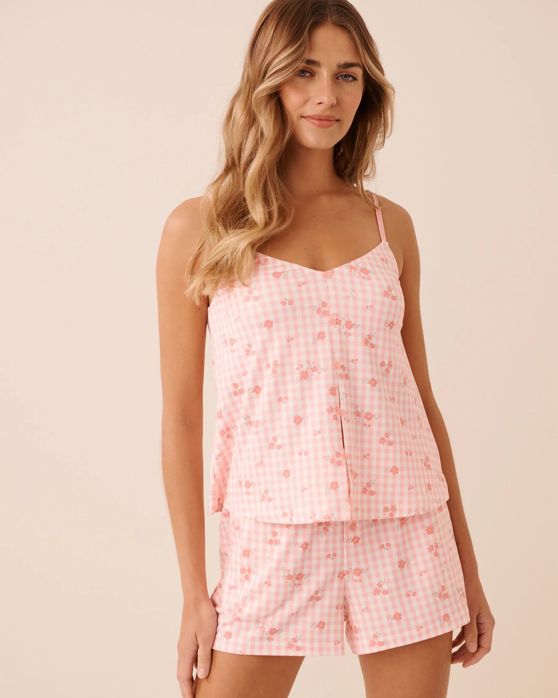 La Vie en Rose Pink Icing Gingham Floral Women Floral Gingham Print Super Soft Cami with Shelf Br SKU: 40100837_P60468 Image 01