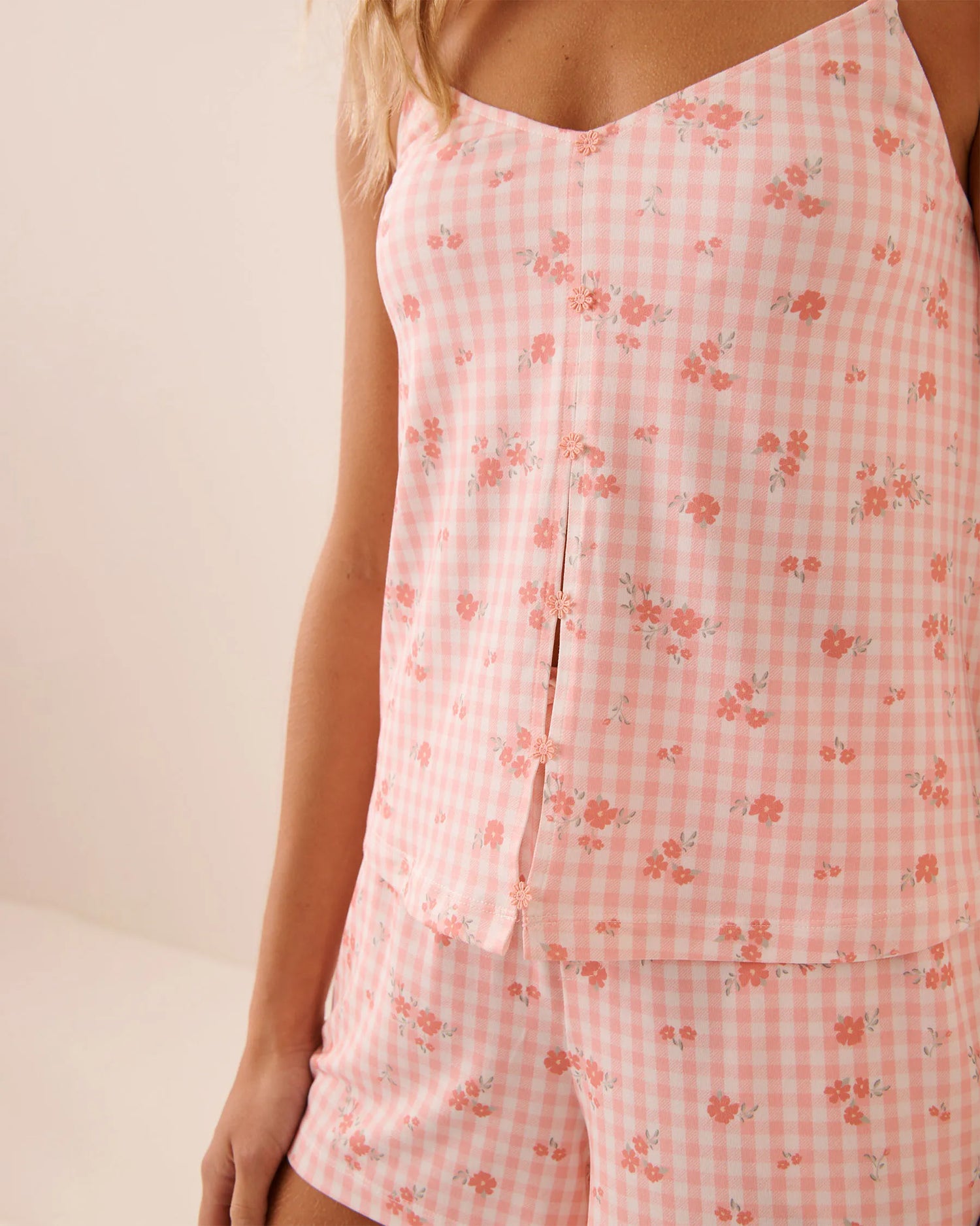 La Vie en Rose Pink Icing Gingham Floral Women Floral Gingham Print Super Soft Cami with Shelf Br SKU: 40100837_P60468 Image 03