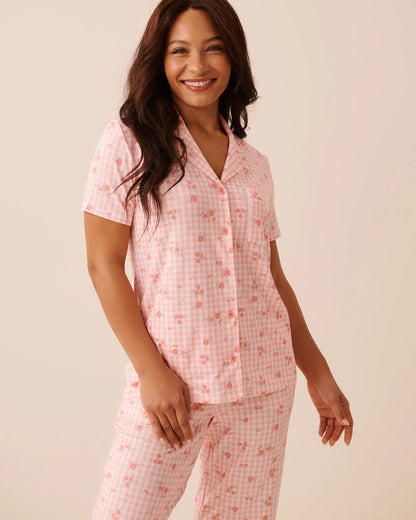 La Vie en Rose Pink Icing Gingham Floral Women Floral Gingham Print Super Soft Button-down Shirt SKU: 40100839_P60468 Image 02