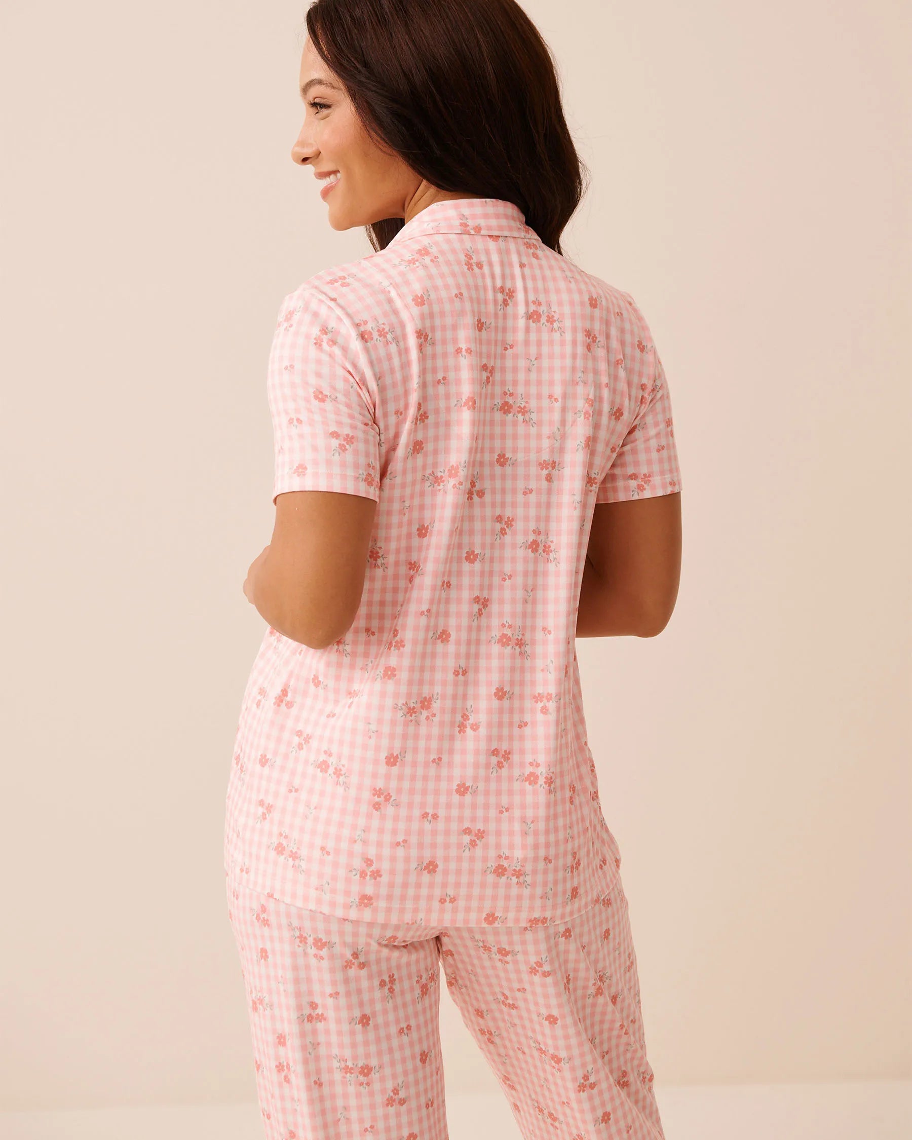 La Vie en Rose Pink Icing Gingham Floral Women Floral Gingham Print Super Soft Button-down Shirt SKU: 40100839_P60468 Image 03