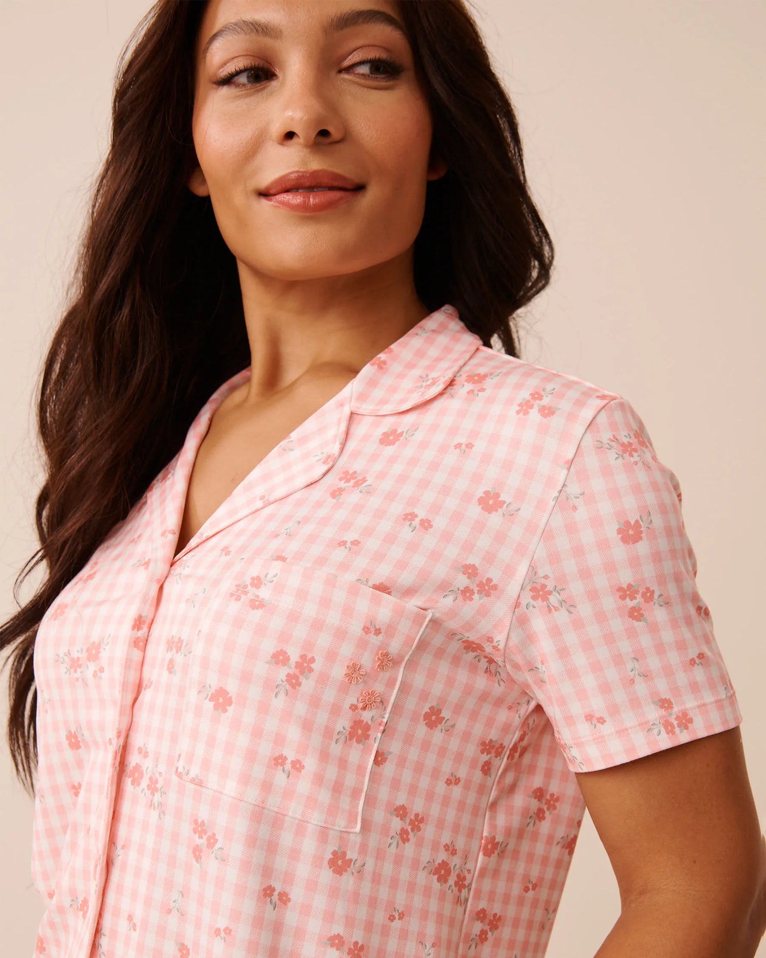 La Vie en Rose Pink Icing Gingham Floral Women Floral Gingham Print Super Soft Button-down Shirt SKU: 40100839_P60468 Image 04