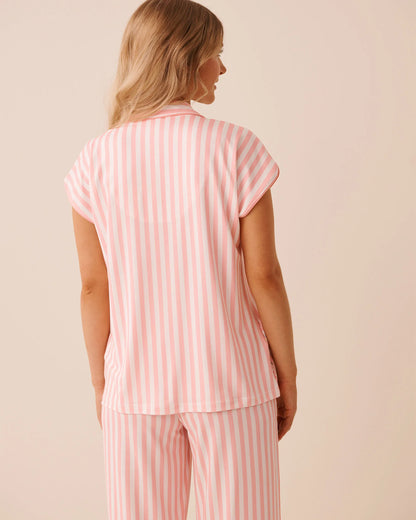 La Vie en Rose Pink Icing Placement Women Floral Stripe Print Super Soft Button-down Shirt SKU: 40100840_P60473 Image 02