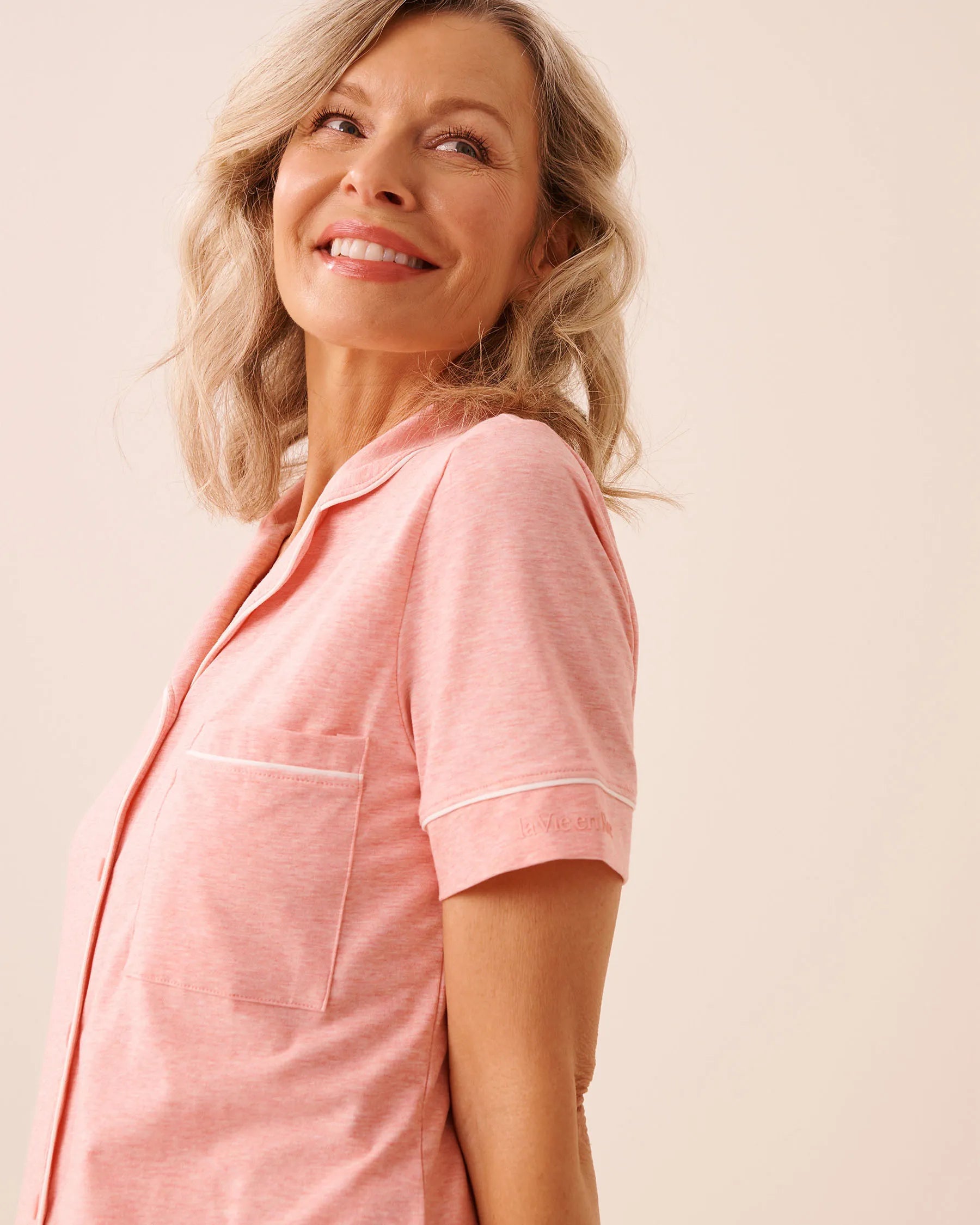 La Vie en Rose Pink Icing Mix Women Cotton Short Sleeve Button-down Shirt SKU: 40100850_60233 Image 03