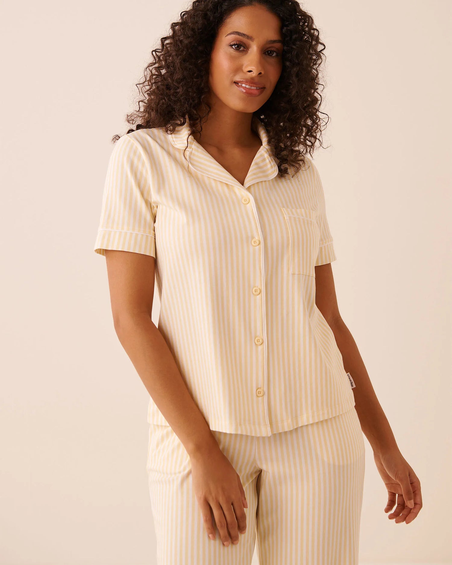 La Vie en Rose Apricot Gelato Stripe Women Cotton Short Sleeve Button-down Shirt SKU: 40100850_P70071 Image 03