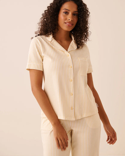 La Vie en Rose Apricot Gelato Stripe Women Cotton Short Sleeve Button-down Shirt SKU: 40100850_P70071 Image 03