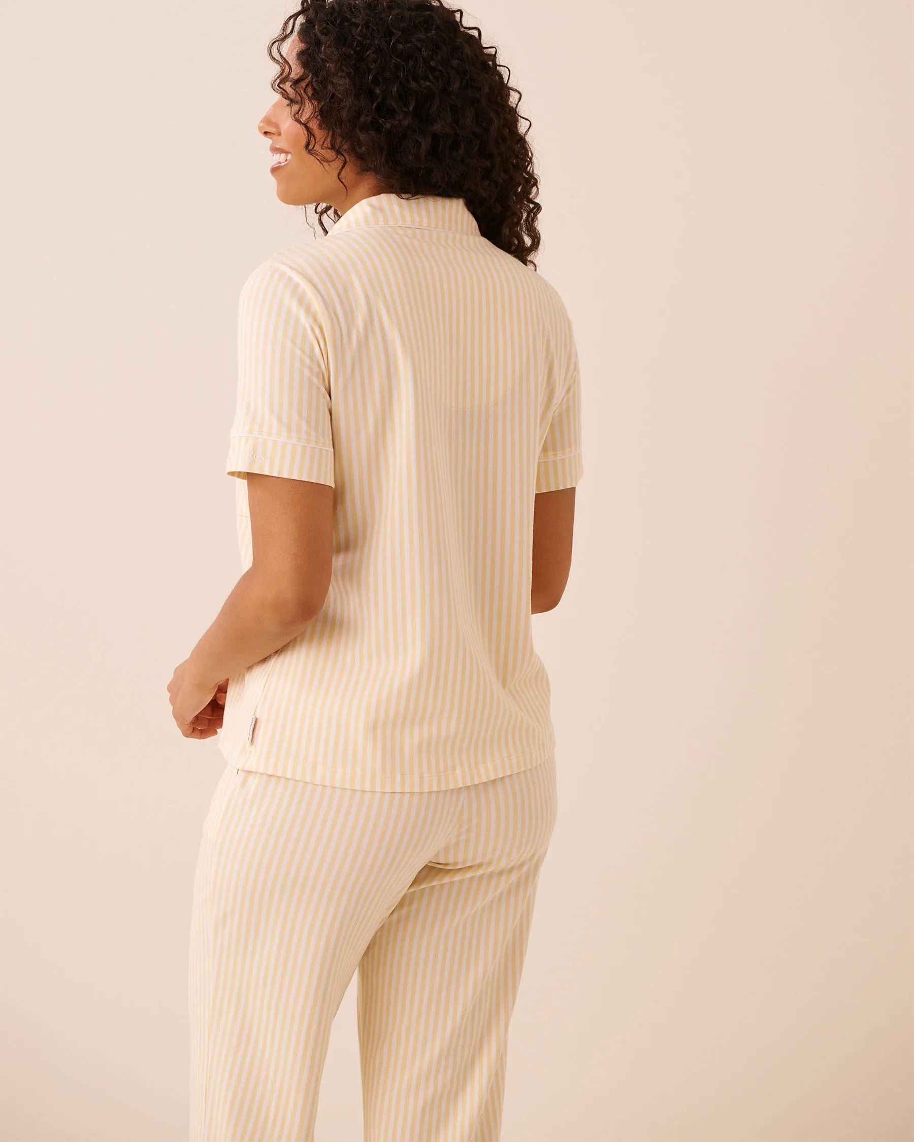 La Vie en Rose Apricot Gelato Stripe Women Cotton Short Sleeve Button-down Shirt SKU: 40100850_P70071 Image 04