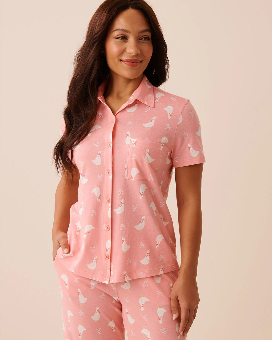 La Vie en Rose Pink Icing Goose Women Goose Print Button-down Shirt SKU: 40100852_P60470 Image 01