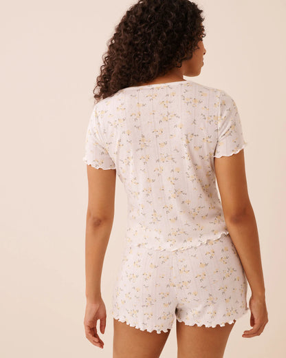 La Vie en Rose Snow White Apricot Ditsy Women Floral Print Ruffle Hem Pointelle T-shirt SKU: 40100856_P10590 Image 02