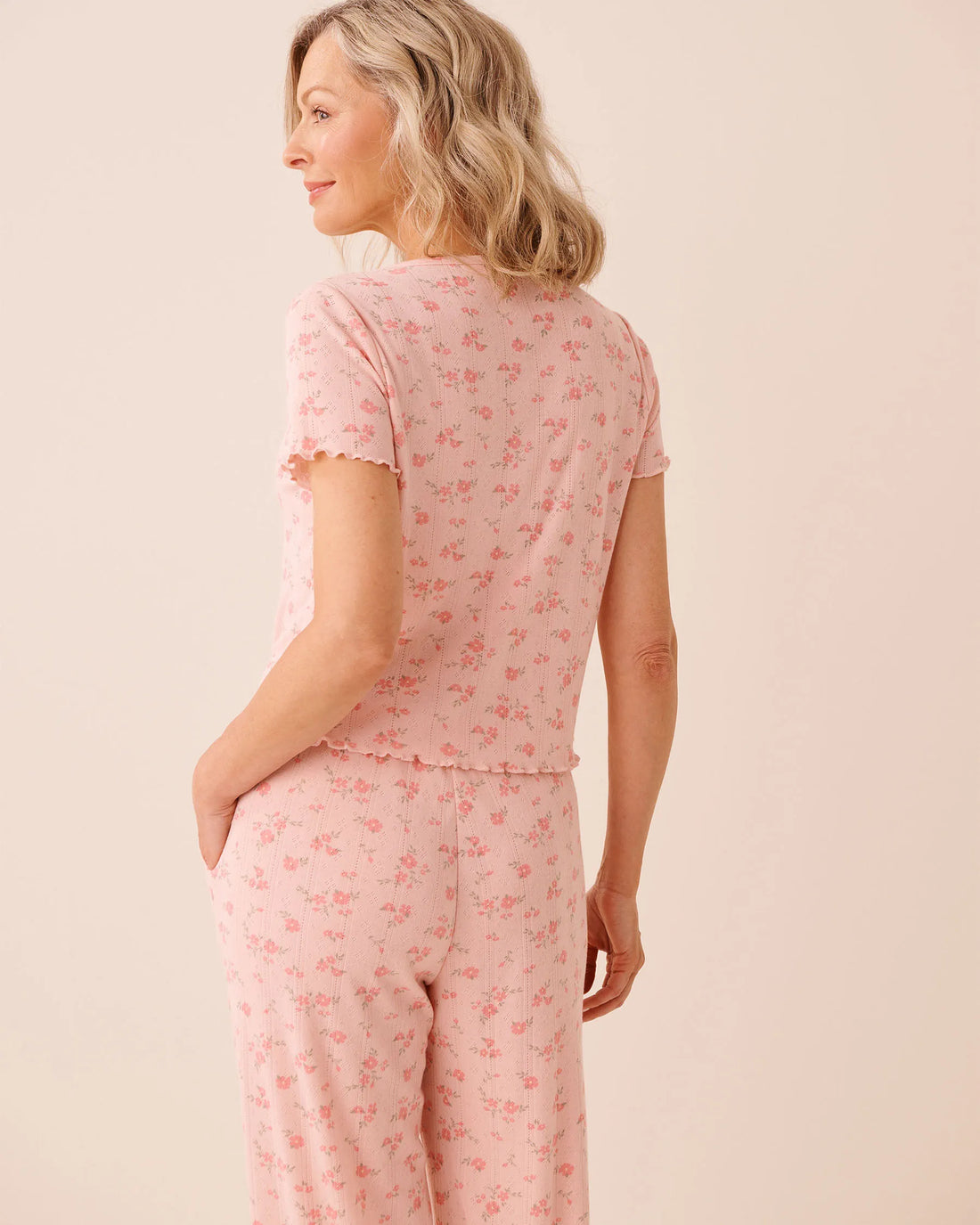 La Vie en Rose Peachskin Ditsy Women Floral Print Ruffle Hem Pointelle T-shirt SKU: 40100856_P60471 Image 02