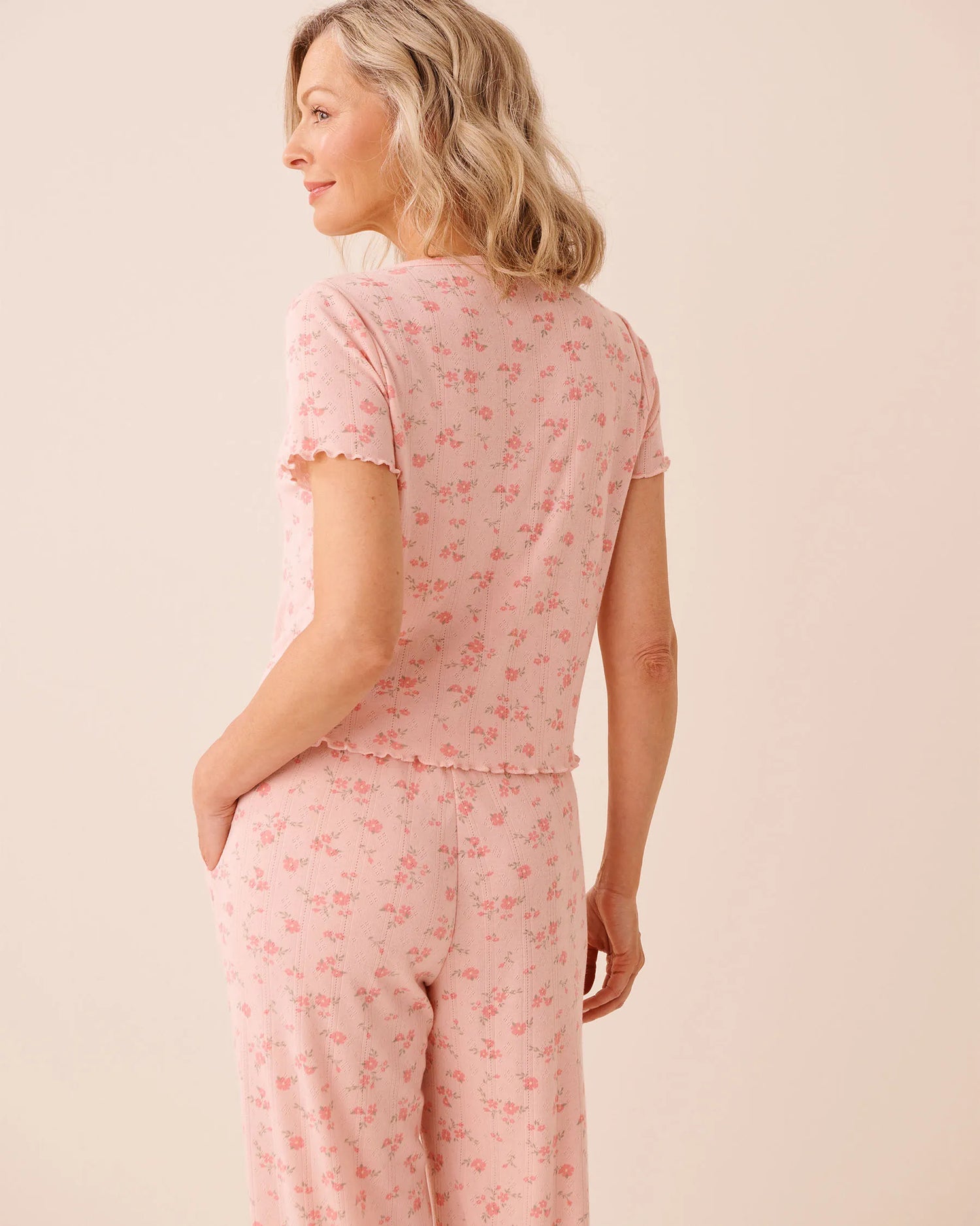 La Vie en Rose Peachskin Ditsy Women Floral Print Ruffle Hem Pointelle T-shirt SKU: 40100856_P60471 Image 02