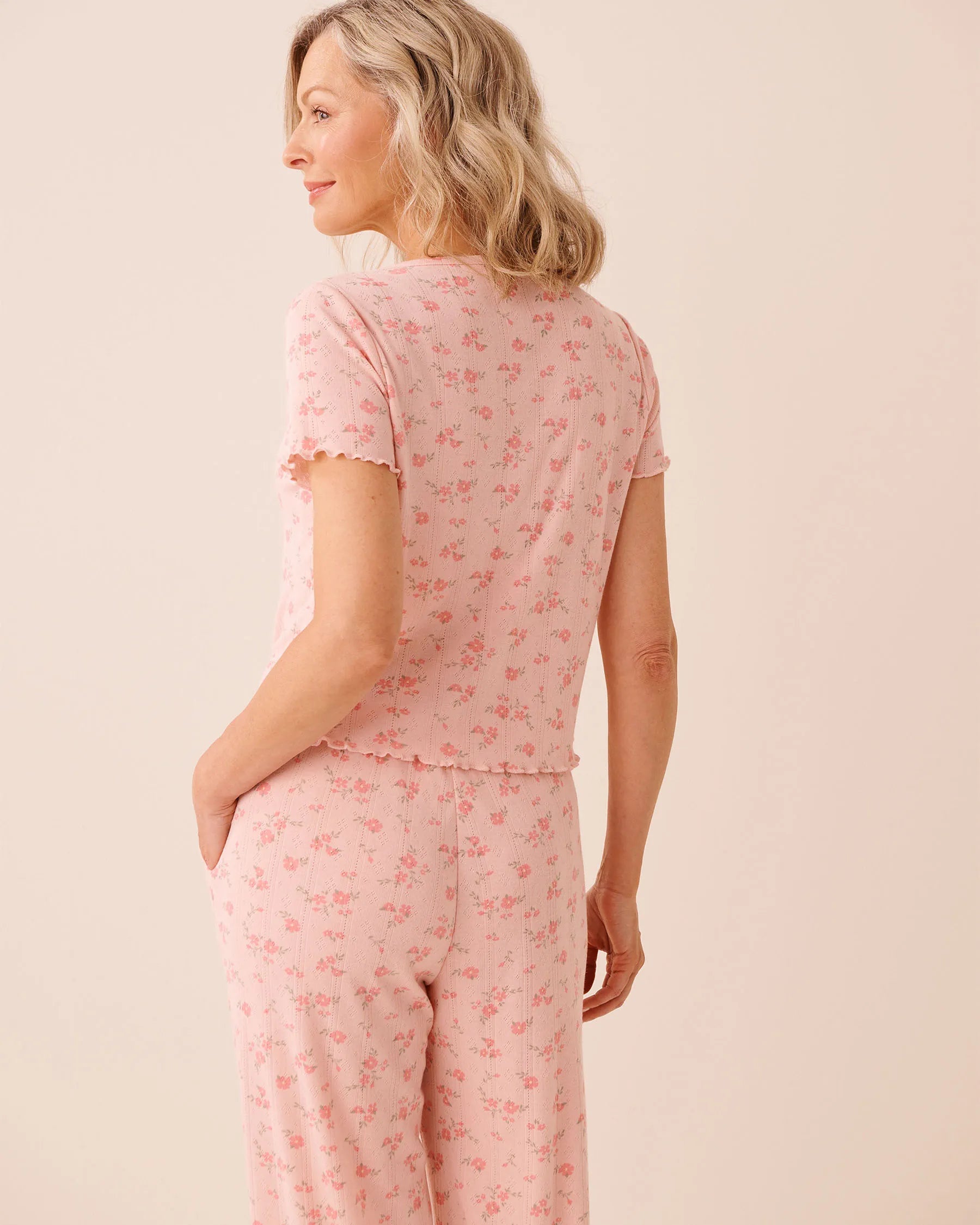 La Vie en Rose Peachskin Ditsy Women Floral Print Ruffle Hem Pointelle T-shirt SKU: 40100856_P60471 Image 02