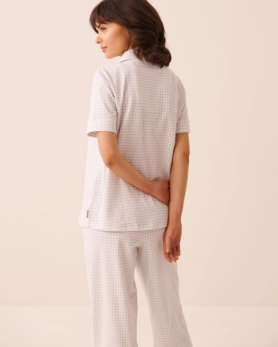 La Vie en Rose Quiet Gray Gingham Women Cotton Short Sleeve Button-Down Shirt SKU: 40100858_P00516 Image 02