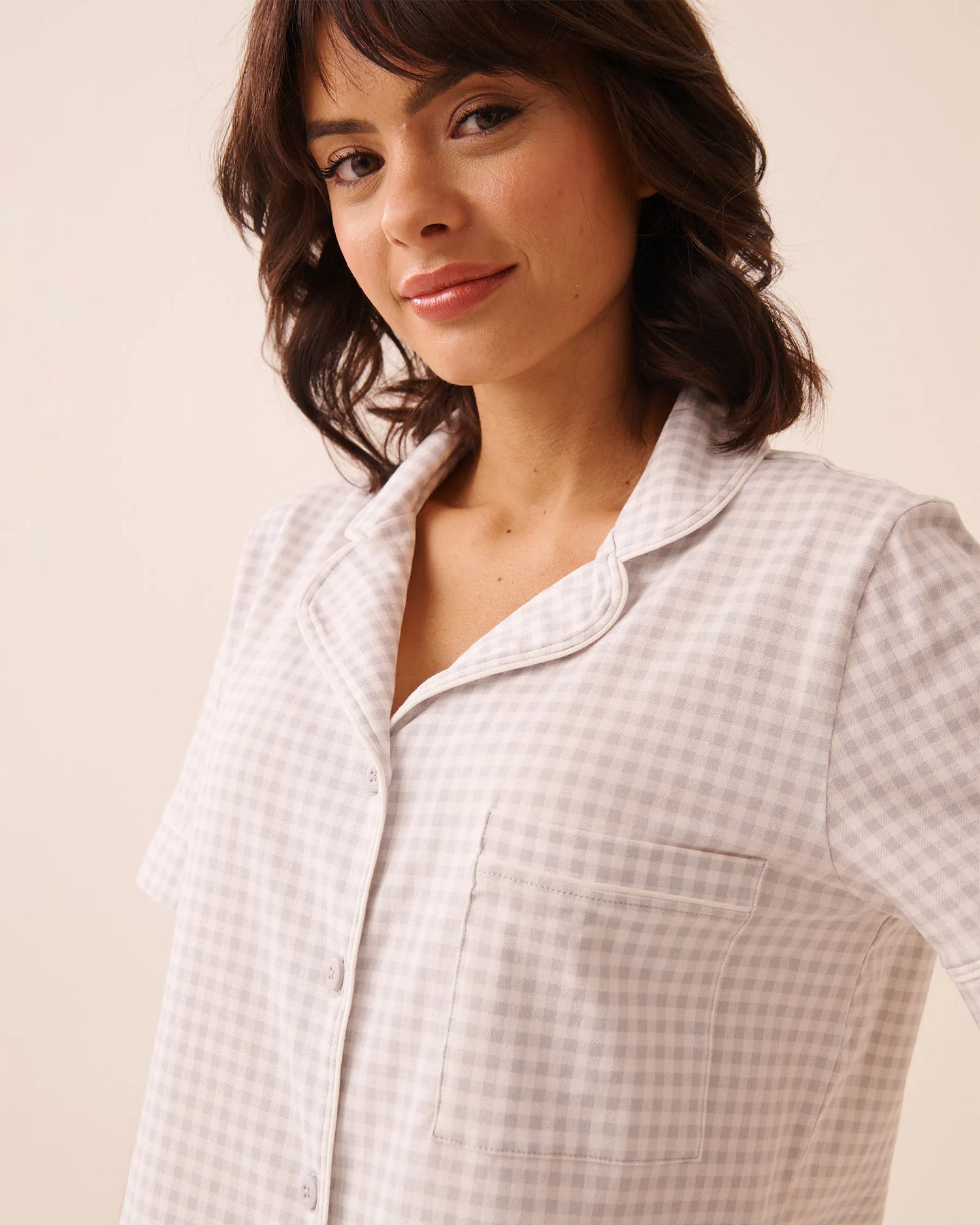 La Vie en Rose Quiet Gray Gingham Women Cotton Short Sleeve Button-Down Shirt SKU: 40100858_P00516 Image 03