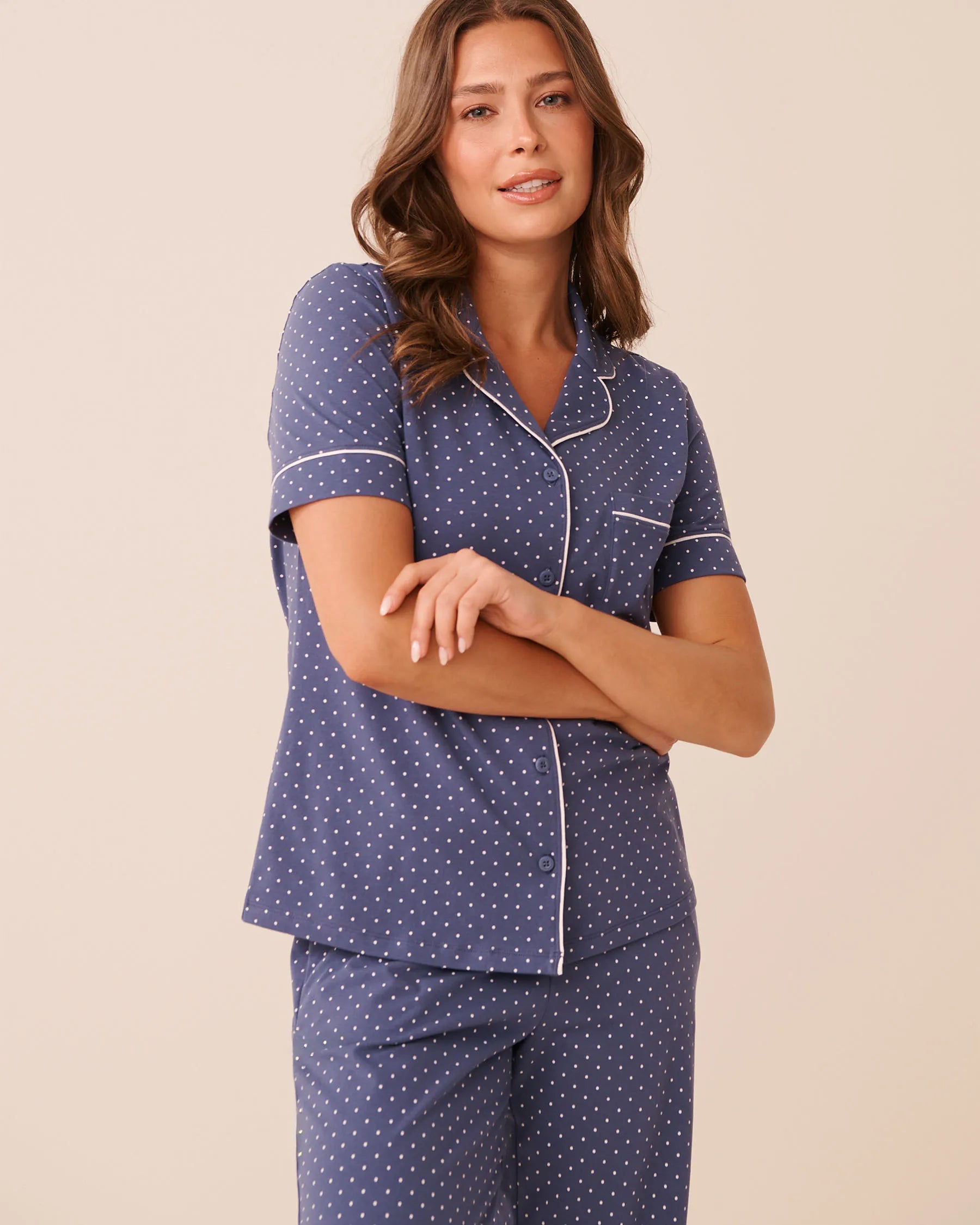 La Vie en Rose Crown Blue Dot Women Cotton Short Sleeve Button-Down Shirt SKU: 40100858_P40574 Image 01