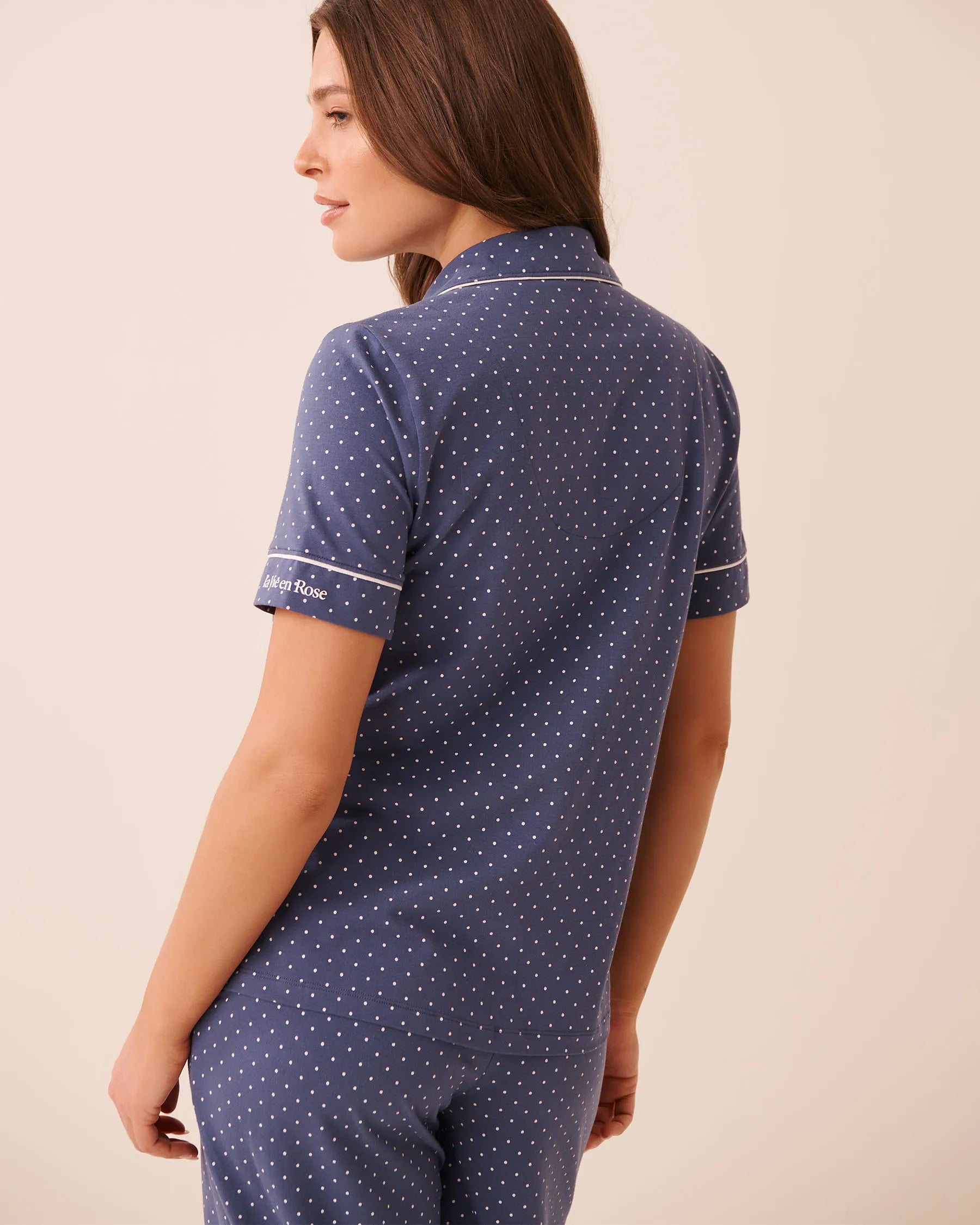 La Vie en Rose Crown Blue Dot Women Cotton Short Sleeve Button-Down Shirt SKU: 40100858_P40574 Image 02