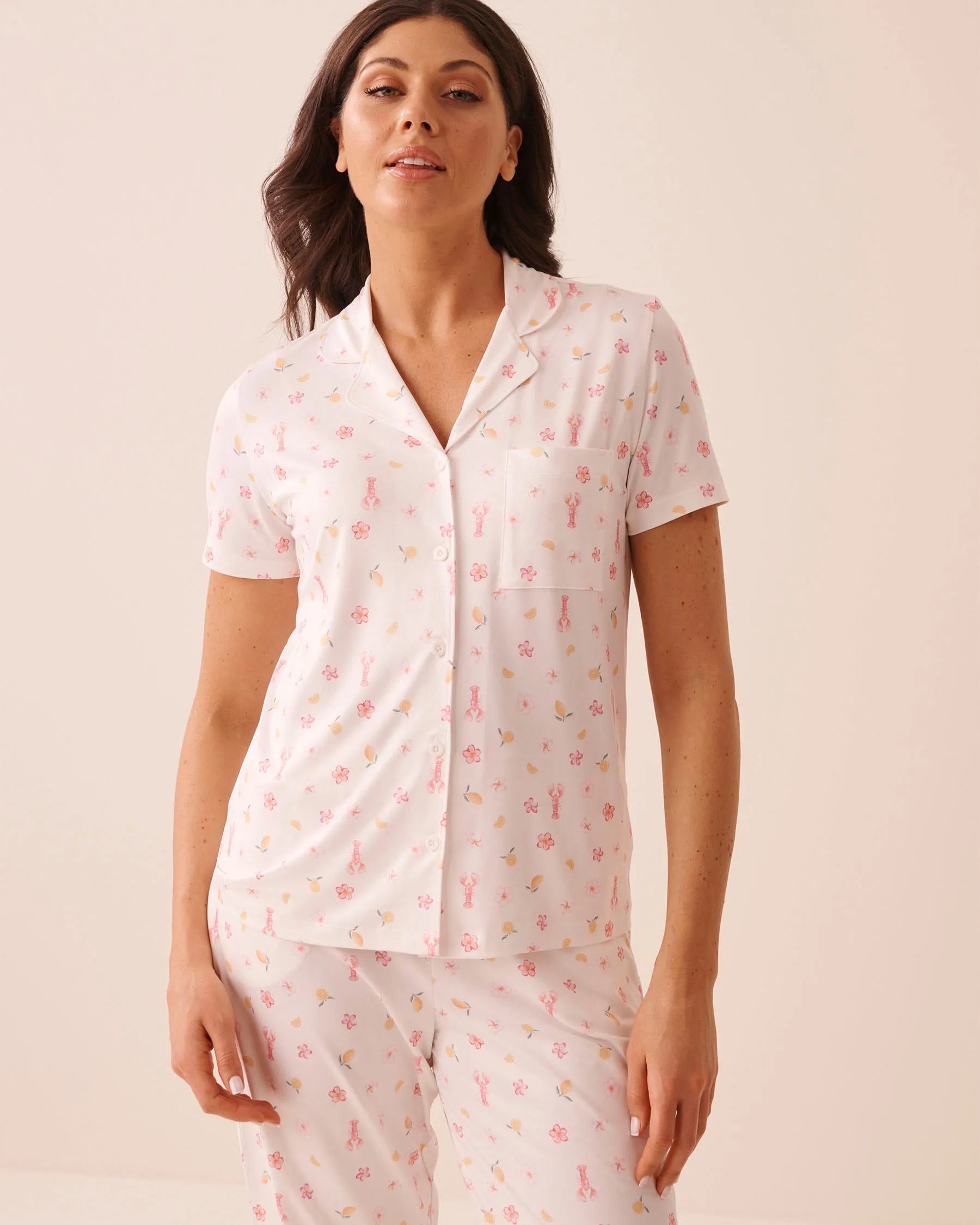 La Vie en Rose Snow White Lobster Women Floral Print Super Soft Button-Down Shirt SKU: 40100862_P10606 Image 01
