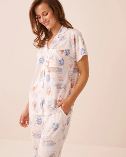 La Vie en Rose Snow White Peaches Women Dolce Vita Print Super Soft Short Sleeve Button-down Shirt SKU: 40100867_P10607 Image 03