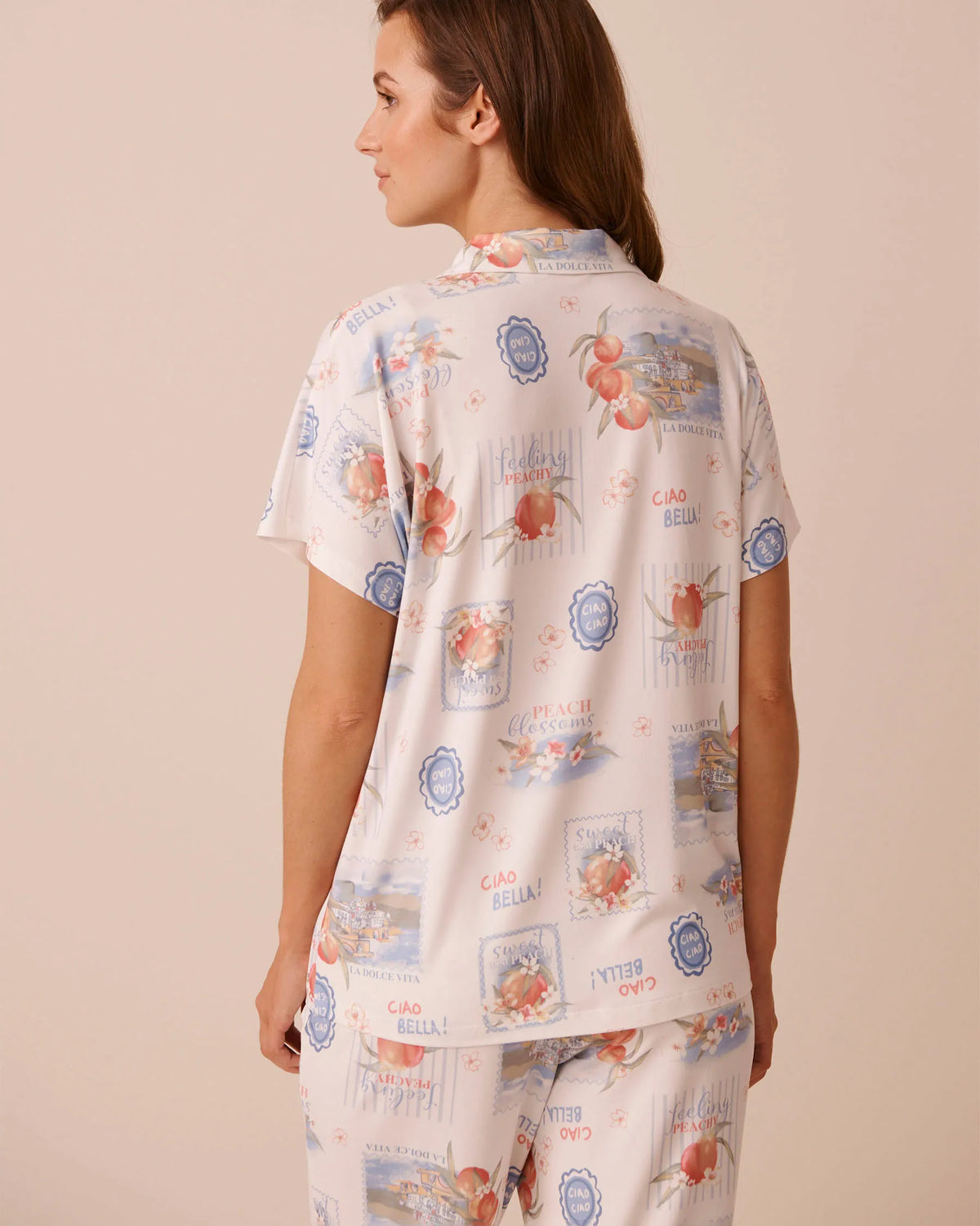 La Vie en Rose Snow White Peaches Women Dolce Vita Print Super Soft Short Sleeve Button-down Shirt SKU: 40100867_P10607 Image 04