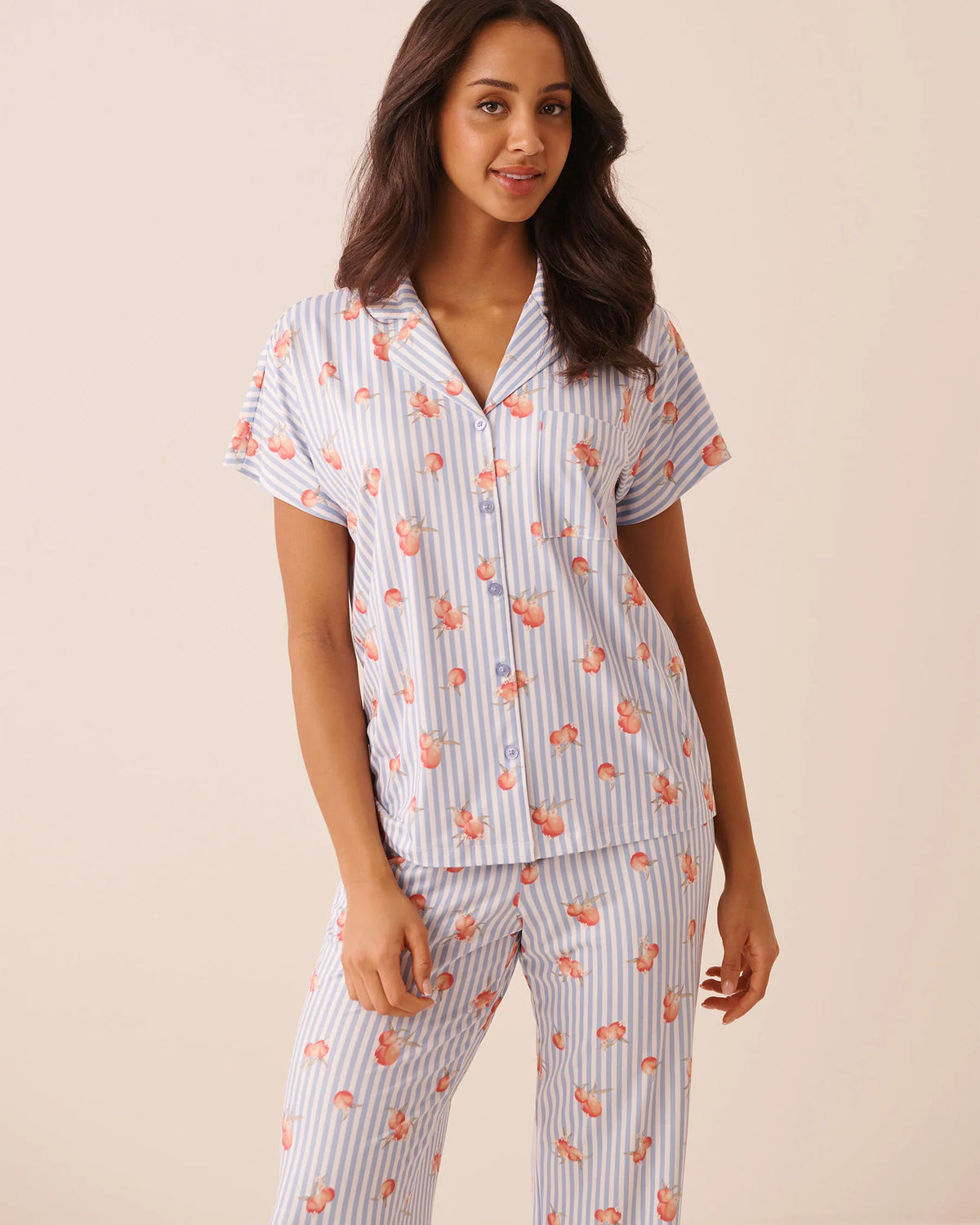 La Vie en Rose Brunnera Blue Peaches Women Peach &amp; Stripe Print Print Super Soft Button-Down SKU: 40100867_P40575 Image 01