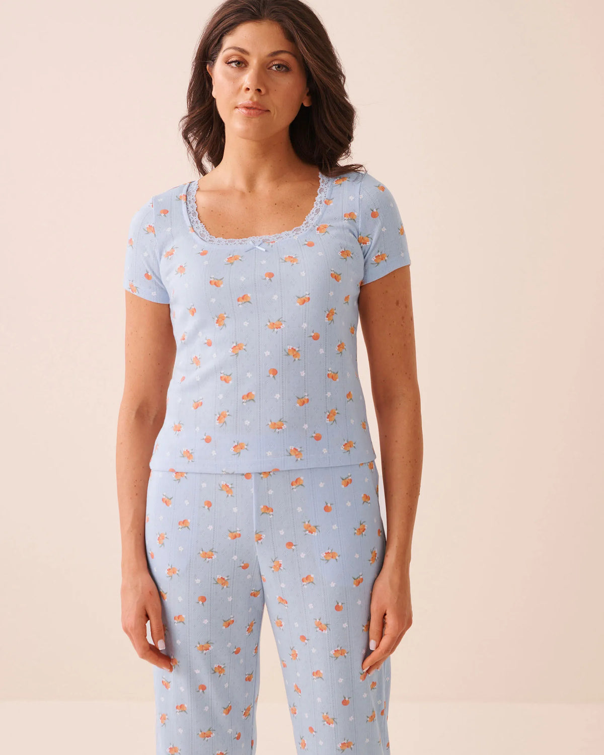 La Vie en Rose Xenon Blue Peach Women Peach Print Lace Trim Pointelle T-Shirt SKU: 40100870_P40576 Image 01