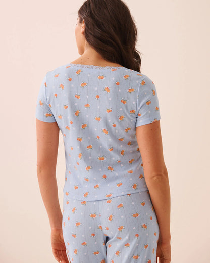 La Vie en Rose Xenon Blue Peach Women Peach Print Lace Trim Pointelle T-Shirt SKU: 40100870_P40576 Image 02