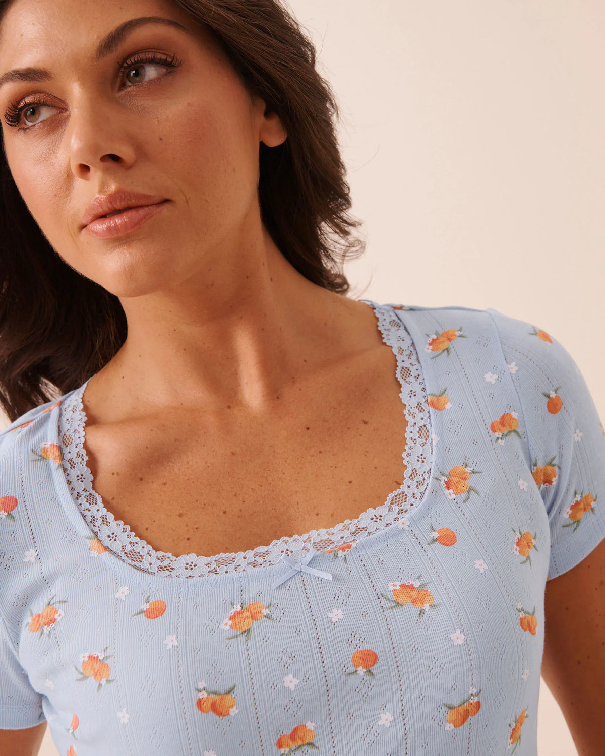 La Vie en Rose Xenon Blue Peach Women Peach Print Lace Trim Pointelle T-Shirt SKU: 40100870_P40576 Image 03