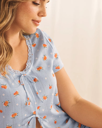 La Vie en Rose Xenon Blue Peach Women Peach Print Lace Trim Pointelle Tie-Front T-Shir SKU: 40100871_P40576 Image 02