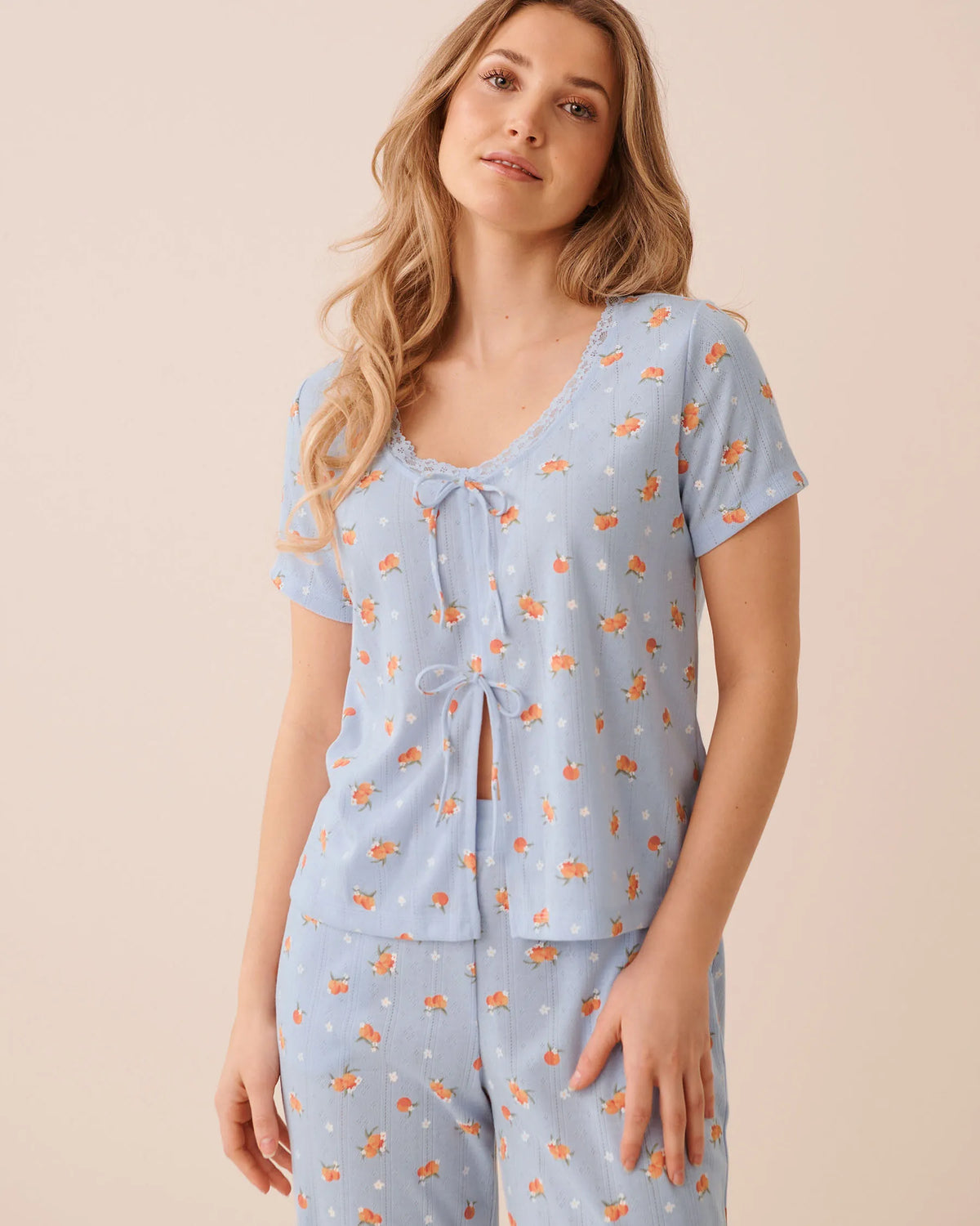 La Vie en Rose Xenon Blue Peach Women Peach Print Lace Trim Pointelle Tie-Front T-Shir SKU: 40100871_P40576 Image 03