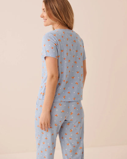 La Vie en Rose Xenon Blue Peach Women Peach Print Lace Trim Pointelle Tie-Front T-Shir SKU: 40100871_P40576 Image 04