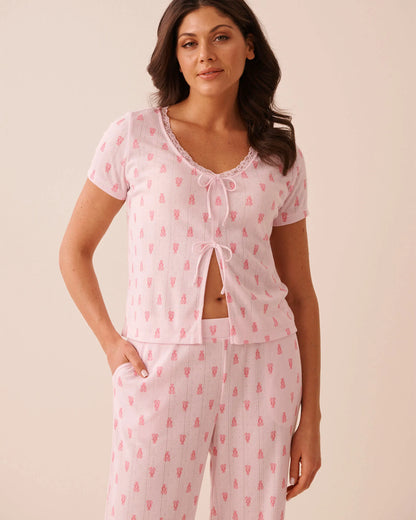La Vie en Rose Festival Bloom Lobster Women Lobster Print Lace Trim Pointelle Tie-Front T-Shir SKU: 40100871_P60480 Image 01