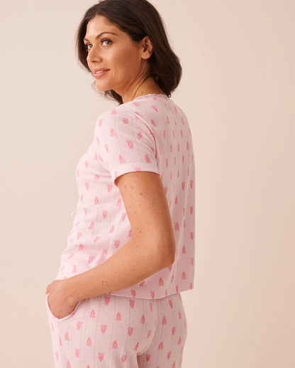 La Vie en Rose Festival Bloom Lobster Women Lobster Print Lace Trim Pointelle Tie-Front T-Shir SKU: 40100871_P60480 Image 02