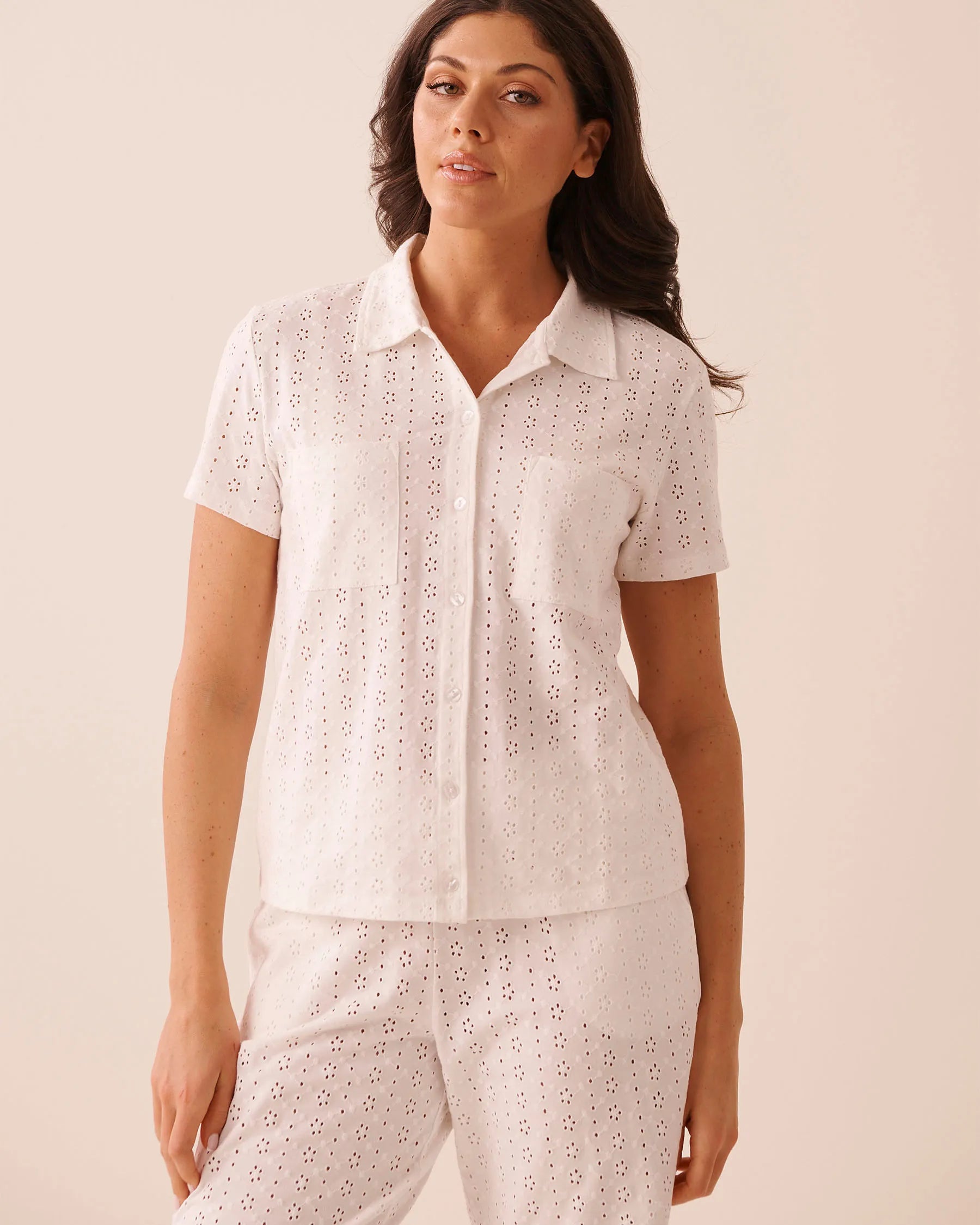 La Vie en Rose Snow White Women Cotton Eyelet Button-Down Shirt SKU: 40100873_10011 Image 01