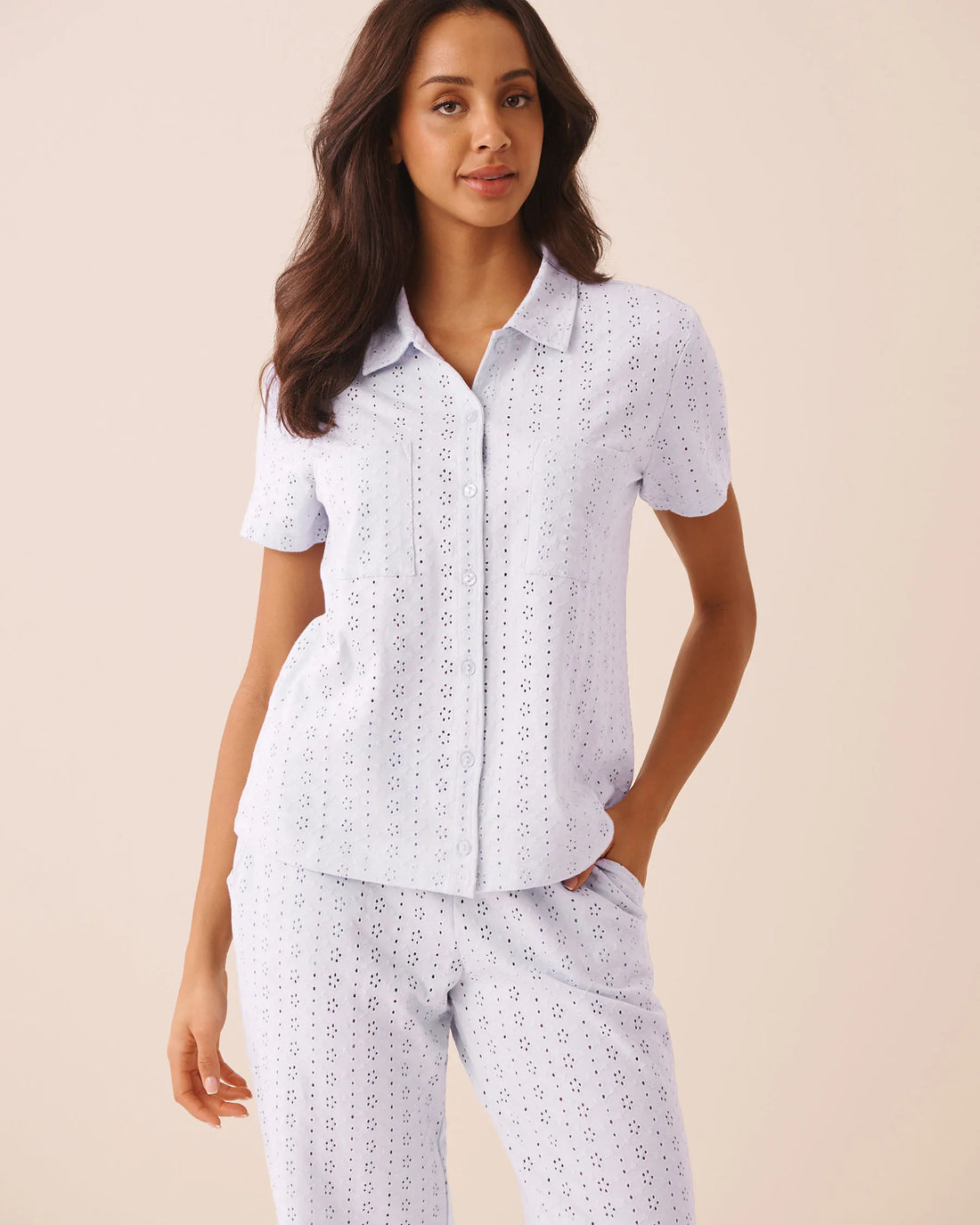 La Vie en Rose Xenon Blue Women Cotton Eyelet Button-Down Shirt SKU: 40100873_40188 Image 01