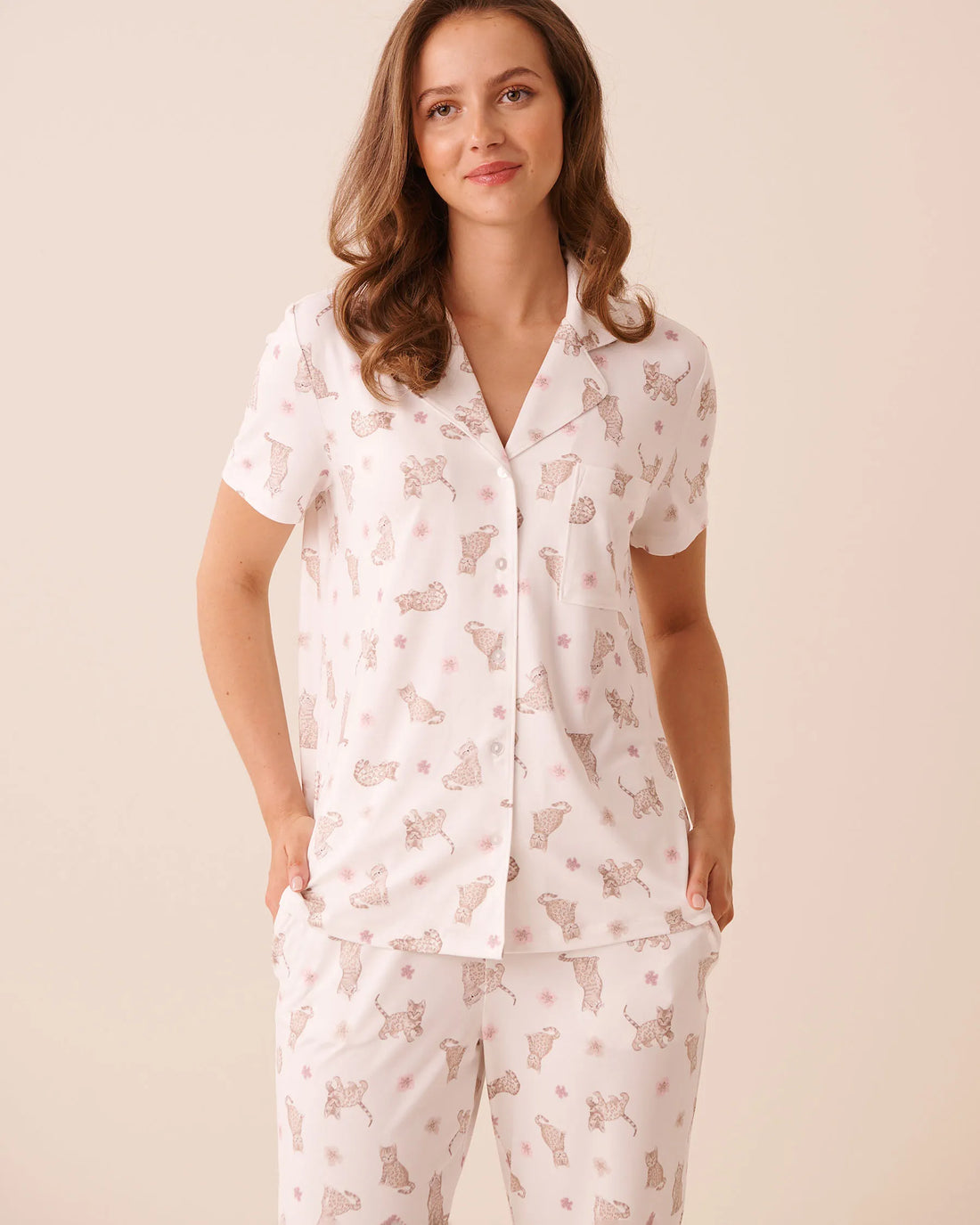 La Vie en Rose Snow White Bengal Women Bengal Cat Print Super Soft Short Sleeve Button-Down Shirt SKU: 40100877_P10637 Image 01