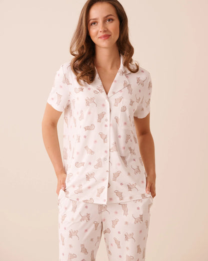 La Vie en Rose Snow White Bengal Women Bengal Cat Print Super Soft Short Sleeve Button-Down Shirt SKU: 40100877_P10637 Image 01