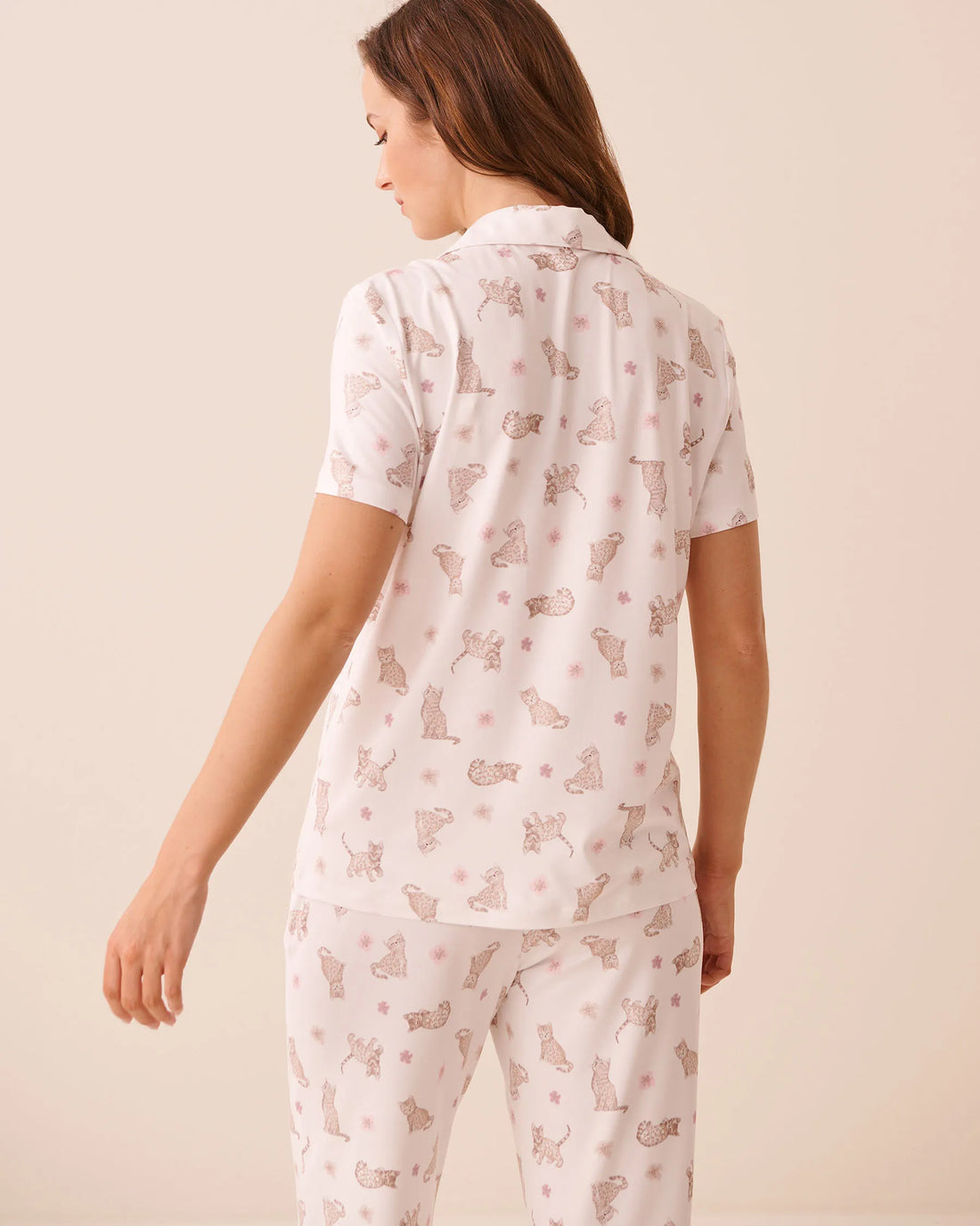La Vie en Rose Snow White Bengal Women Bengal Cat Print Super Soft Short Sleeve Button-Down Shirt SKU: 40100877_P10637 Image 02