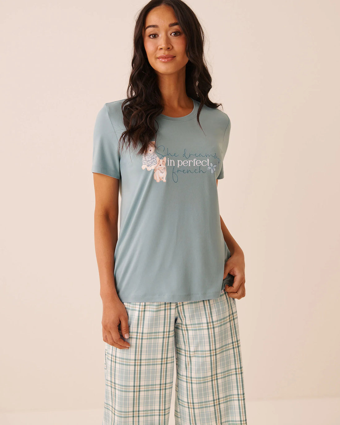 La Vie en Rose Stone Blue Women Parisian Dogs Print Super Soft Short Sleeve T-Shirt SKU: 40100879_40303 Image 01