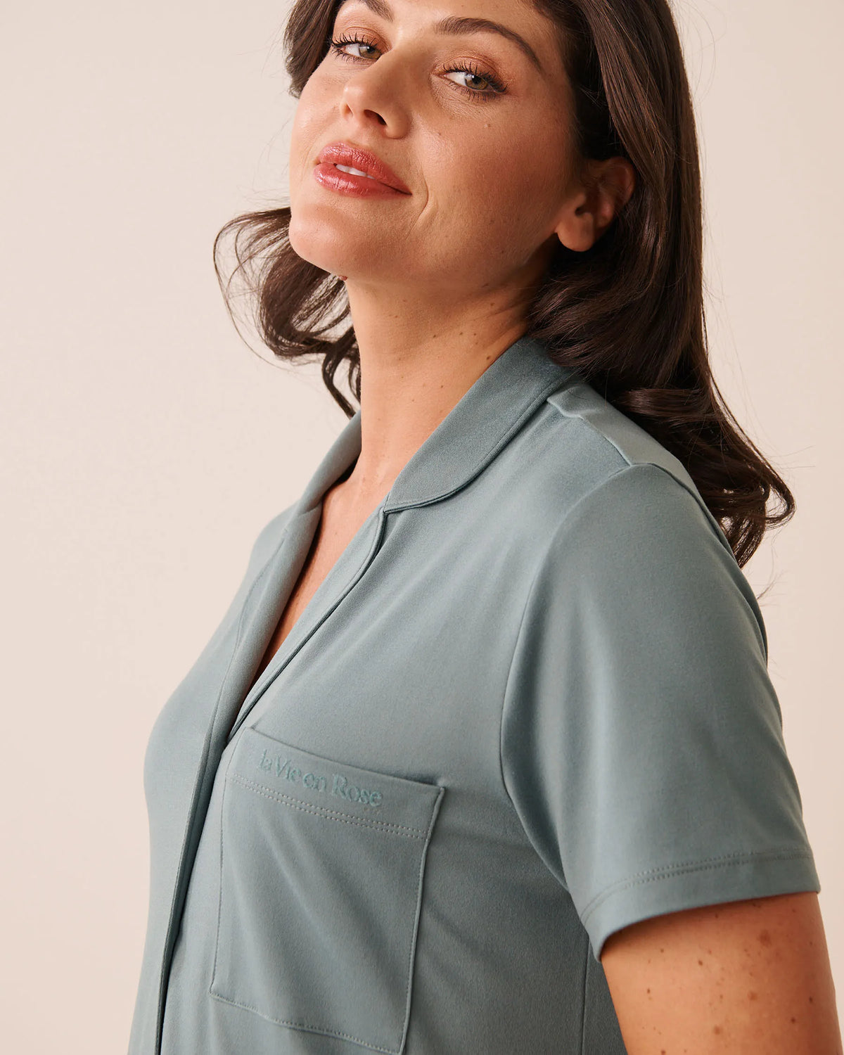 La Vie en Rose Goblin Blue Women Super Soft Short Sleeve Button-Down Shirt SKU: 40100881_40100 Image 03