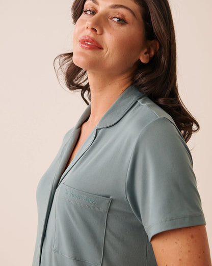 La Vie en Rose Goblin Blue Women Super Soft Short Sleeve Button-Down Shirt SKU: 40100881_40100 Image 03
