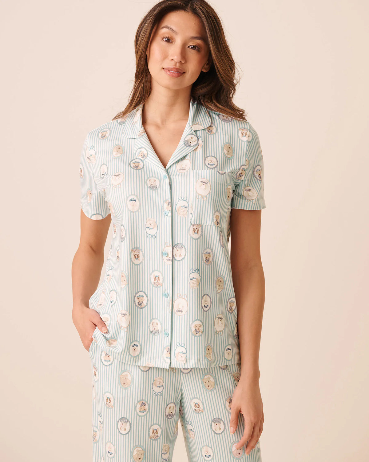La Vie en Rose Snow White Dog Medalions Women Super Soft Short Sleeve Button-Down Shirt SKU: 40100881_P10638 Image 01